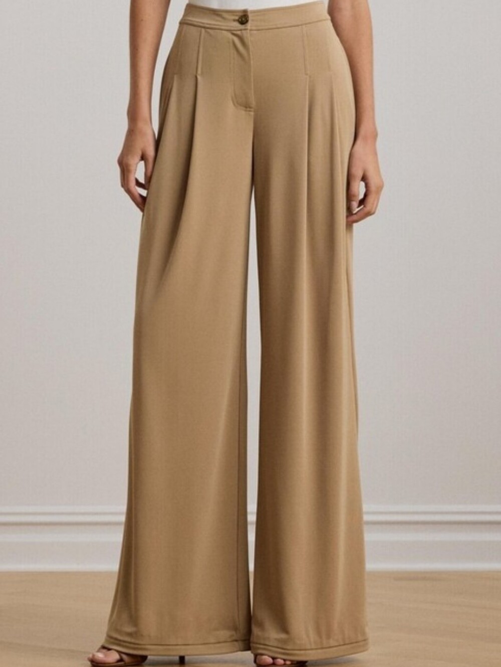 Lauren Ralph Lauren Camel Tan Wide Leg Jersey Stretch Pant Size 16 New